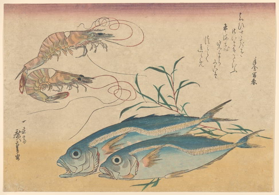 Andō Hiroshige - Kuruma Ebi, Aji Prawns, and Horse Mackerel