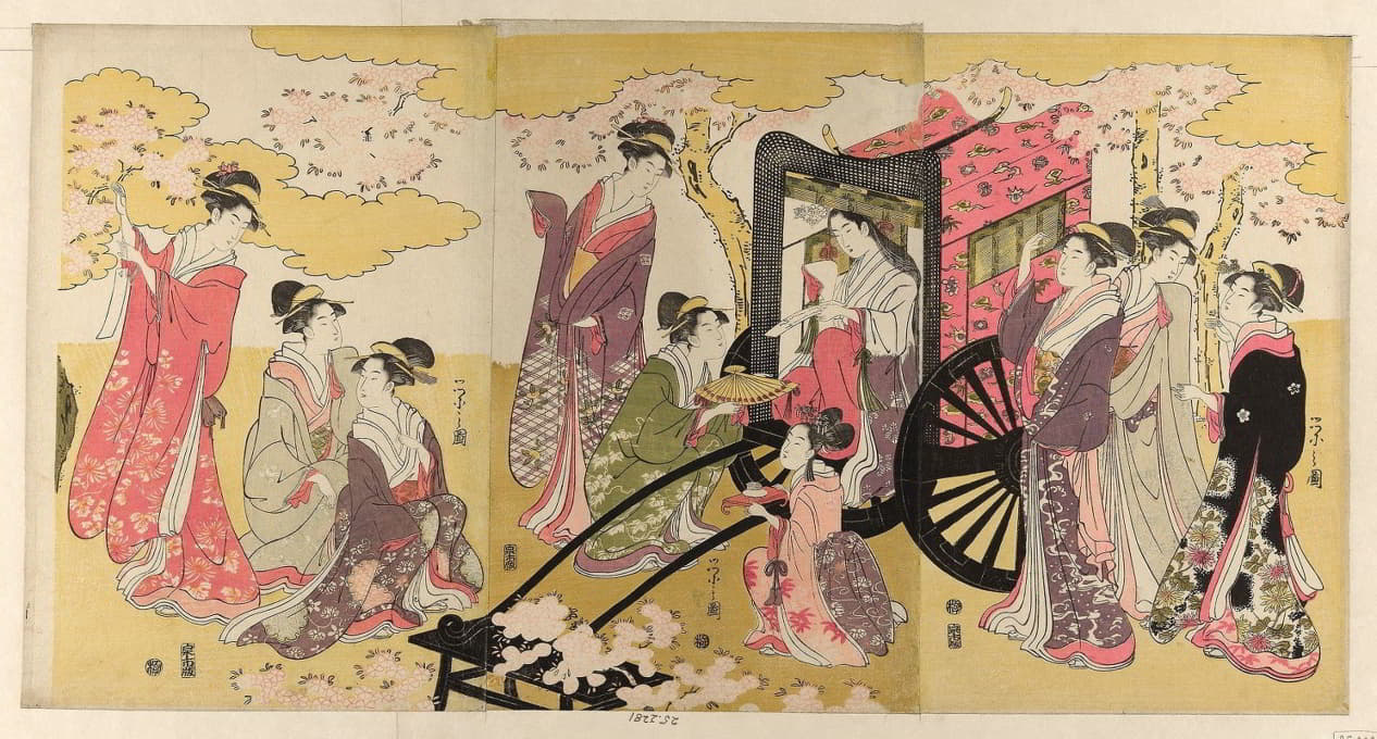 Chokosai Eisho - Noble woman in a carriage viewing cherry blossoms