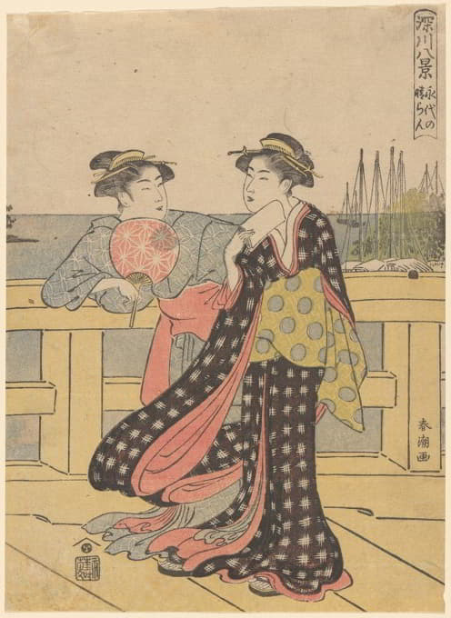 Katsukawa Shunchō - Young Women Enjoying the Fresh Air of the Evening on the Bridge