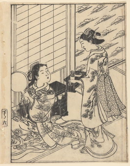 Sukenobu Ishigawa - The Toilet, Woman with Mirror Attendant Bringing Tray