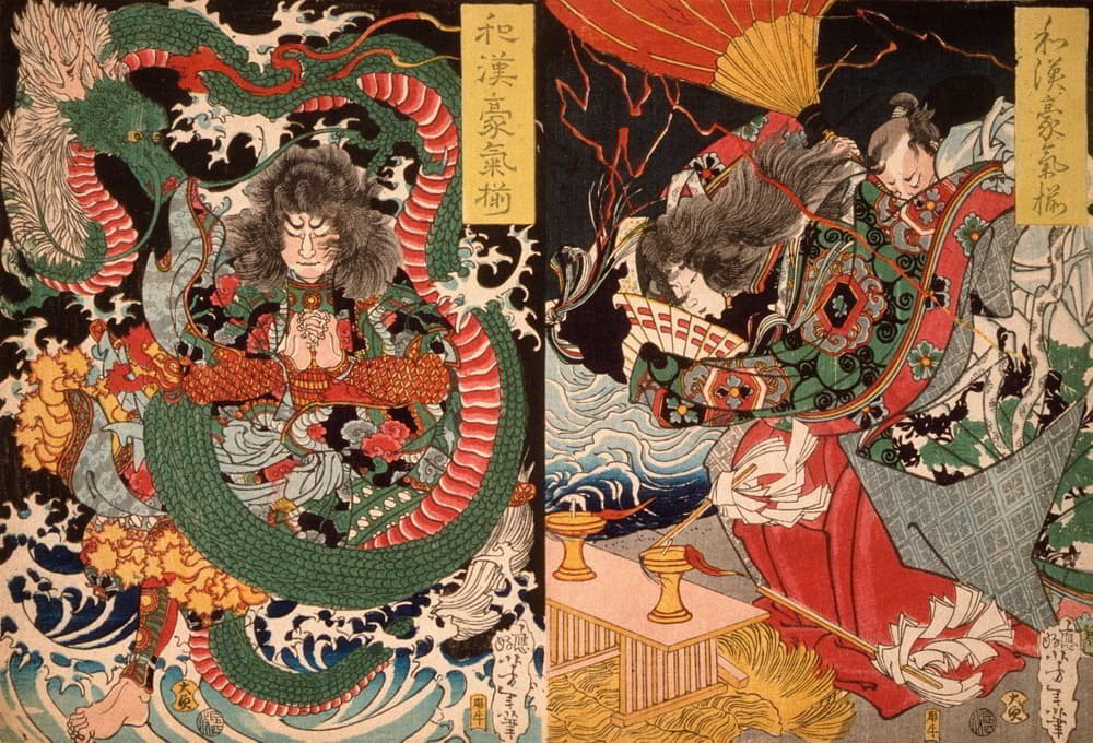 Tsukioka Yoshitoshi - Tawaraya Tōda and a Dragon; Ono no Komachi Praying for Rain