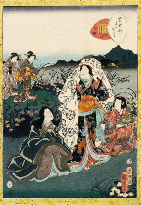 Utagawa Kunisada (Toyokuni III) - Murasaki Shikibu in Hiding, from the Tale of Genji chapter, ‘Night Plum’