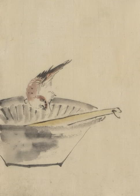 Katsushika Hokusai - A bird perched on the edge of a bowl, with head cocked, looking at a utensil in the bowl