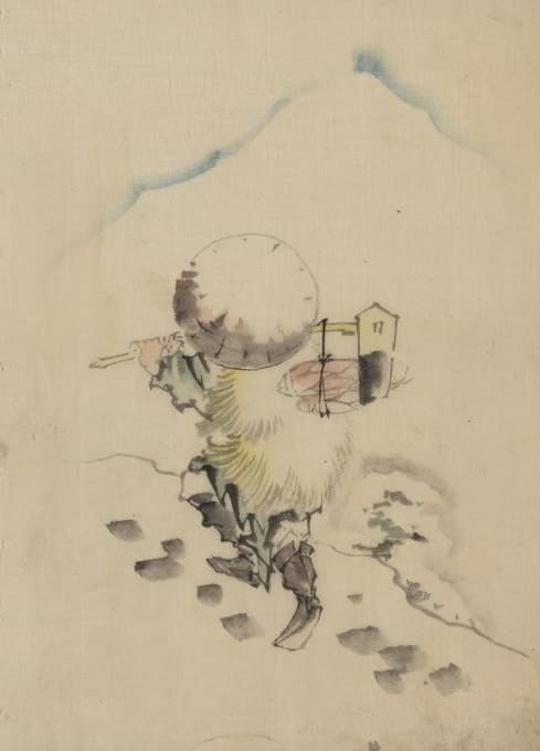 Katsushika Hokusai - A man, wearing a conical hat, a straw or feather outer garment, and boots, is carrying a long-handled tool