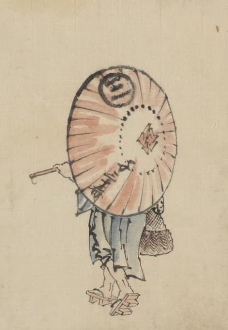 一个人走到左边，肩上扛着一把打开的阳伞，几乎遮住了他的视线
