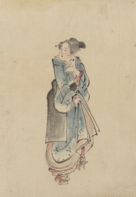 Katsushika Hokusai - A woman walking to the right, full-length portrait, facing left, wearing kimono and geta