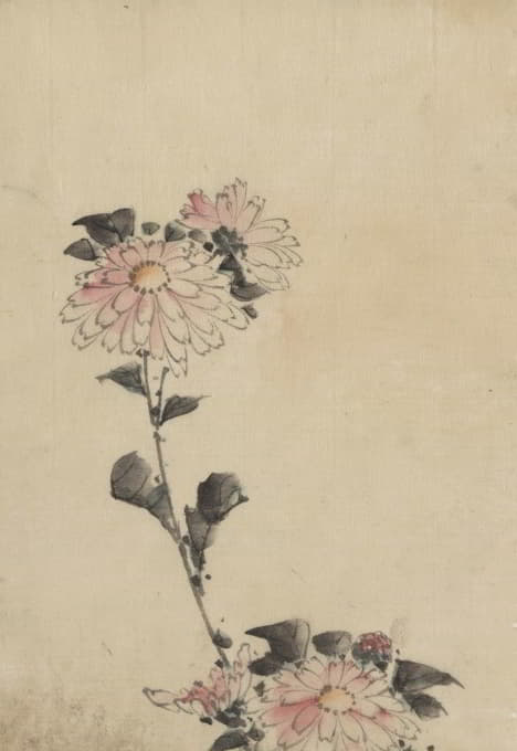 Katsushika Hokusai - Pink flower blossoms on low stalk and two on a tall stalk