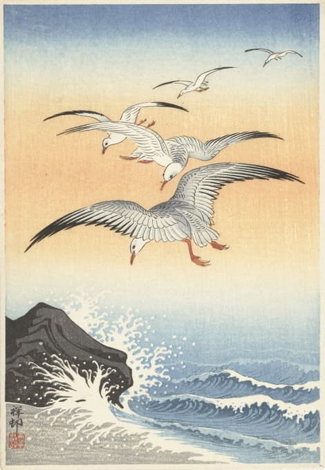 五只海鸥在汹涌的海面上飞翔