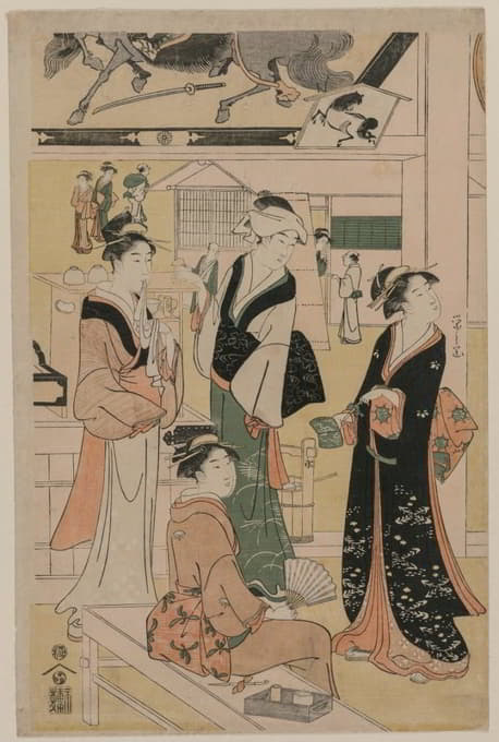 Chōbunsai Eishi - Women Visiting a Tea Stall on the Precincts of a Temple