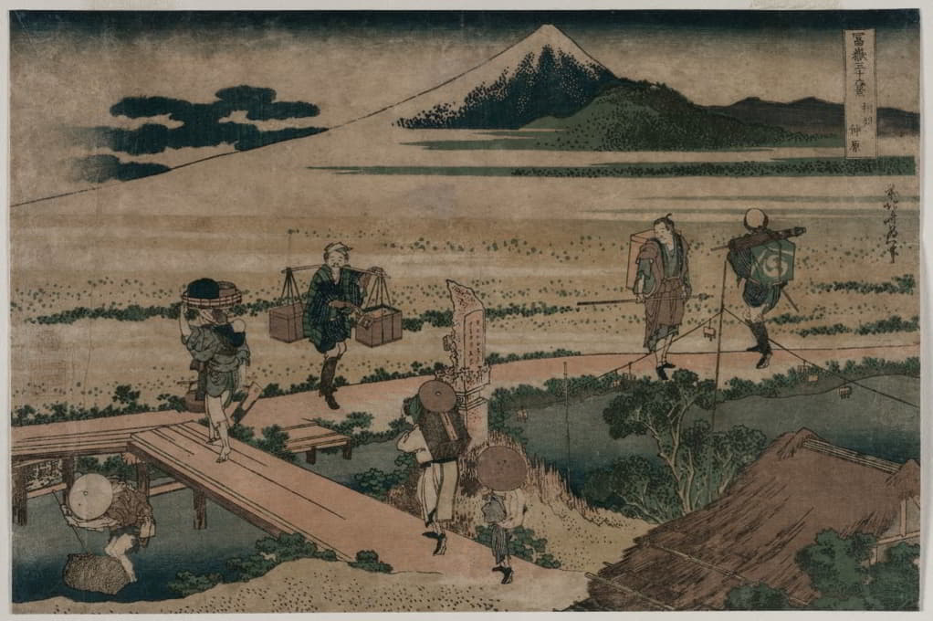 Katsushika Hokusai - A View of Mount Fuji and Travellers by a Bridge