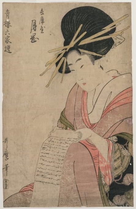 Kitagawa Utamaro - The Courtesan Tsukioka of Hyogoya Rolling a Letter (from the series A Selection of Six Authors in the Green Houses)