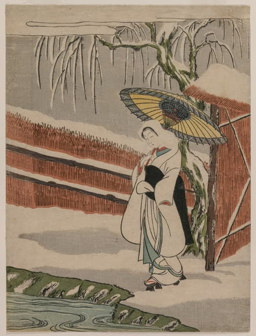 Suzuki Harunobu - The Heron Maiden Standing Beneath a Willow Tree