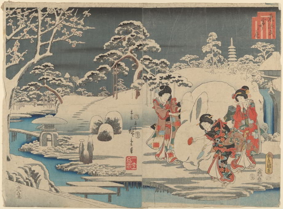 Andō Hiroshige - Three Women Making a Snow Rabbit in a Garden