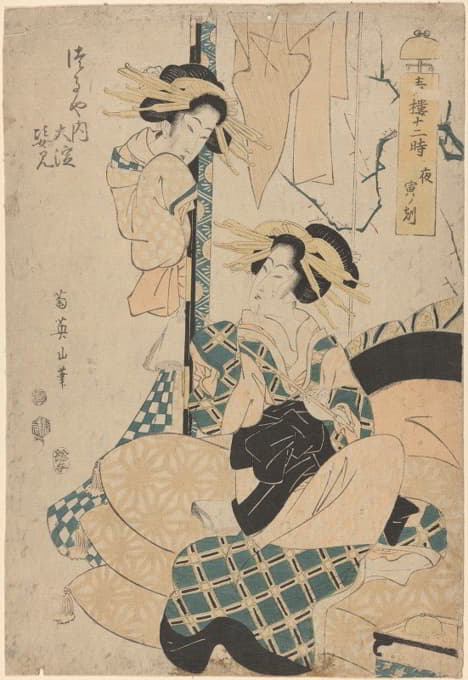 Eizan Kikukawa - Geisha Seated on Cushions (pipe in hand, another woman looking on from door)