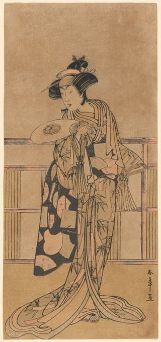 Katsukawa Shunshō - One of the Segawas in a Bamboo Robe Tied with Black, Brocaded in Rose Colored Fan Forms