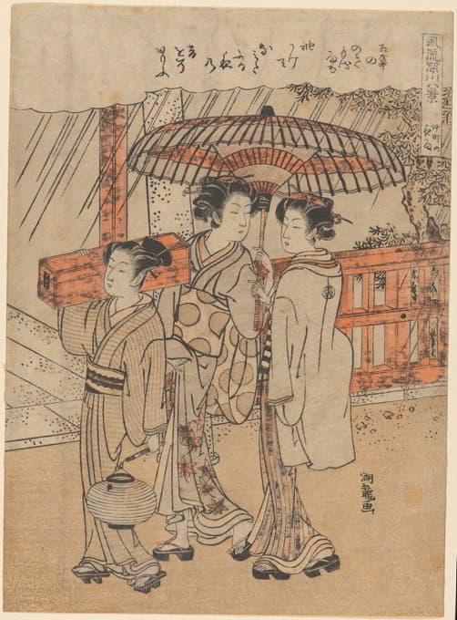Koryûsai Isoda - Three Females, Two Carrying Box and Lantern