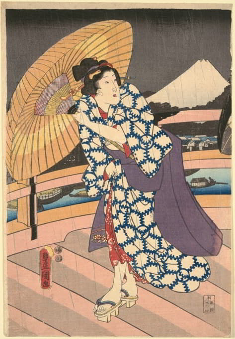 Utagawa Kunisada (Toyokuni III) - Rainy Scene on a Bridge (Ame no To no Sue)