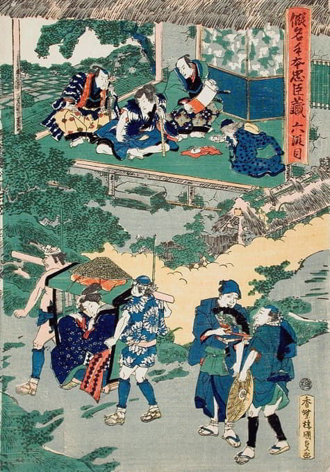 第六幕；坎培在四十七个罗宁的名册上签名；奥卡鲁被卖掉后，被轿子带到京都妓院