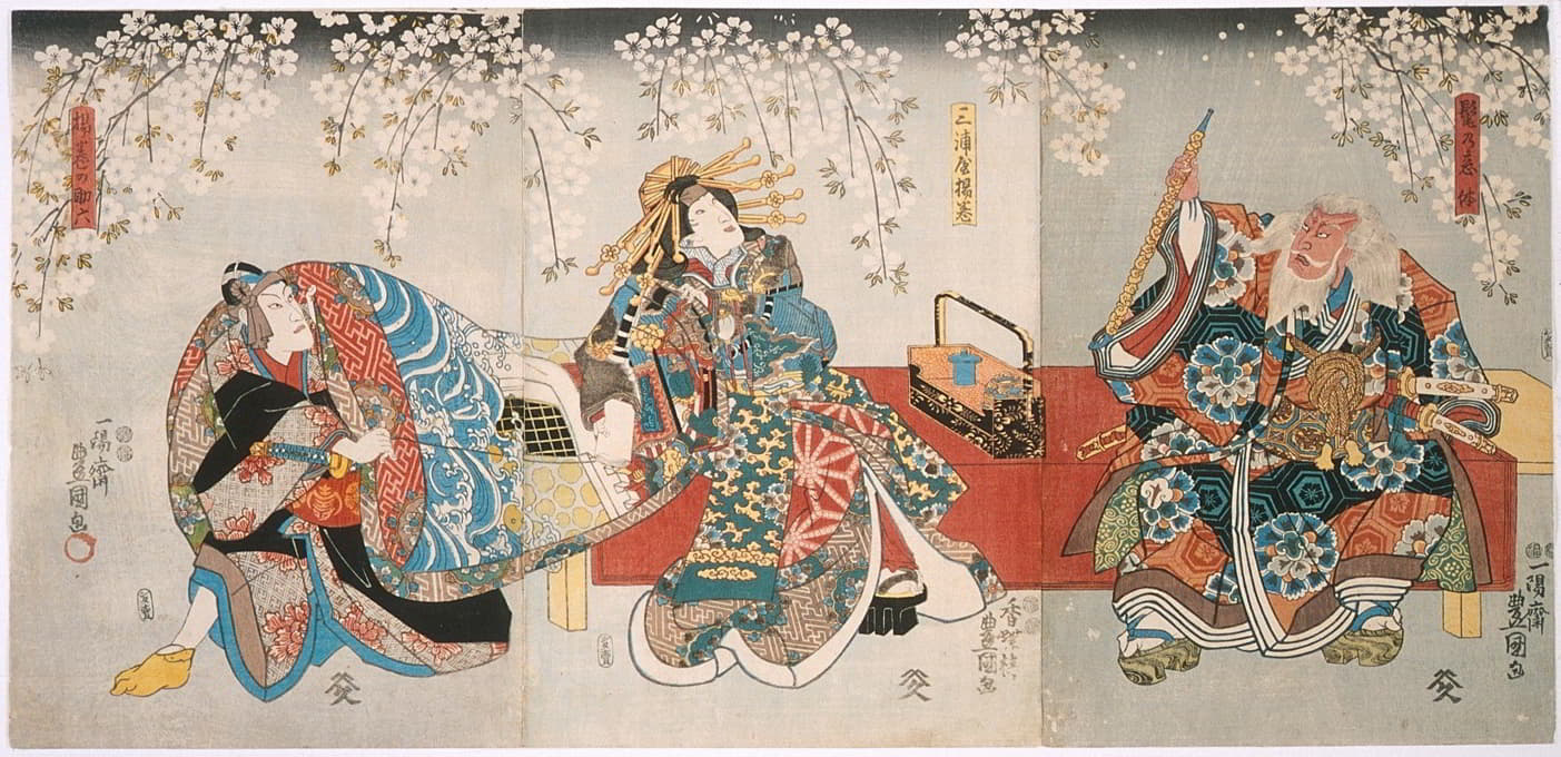 Utagawa Kunisada (Toyokuni III) - Ichikawa Kodanji IV as Hige no Ikyū, Bandō Shūka I as Miuraya Agemaki, and Ichikawa Danjūrō VIII as Agemaki no Sukeroku in the play Sukeroku kuruwa no hanamidoki