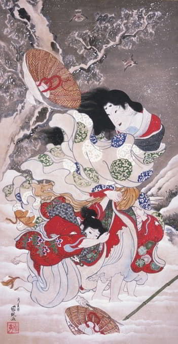 Utagawa Kunitsugu - Lady Tokiwa Fleeing with Children