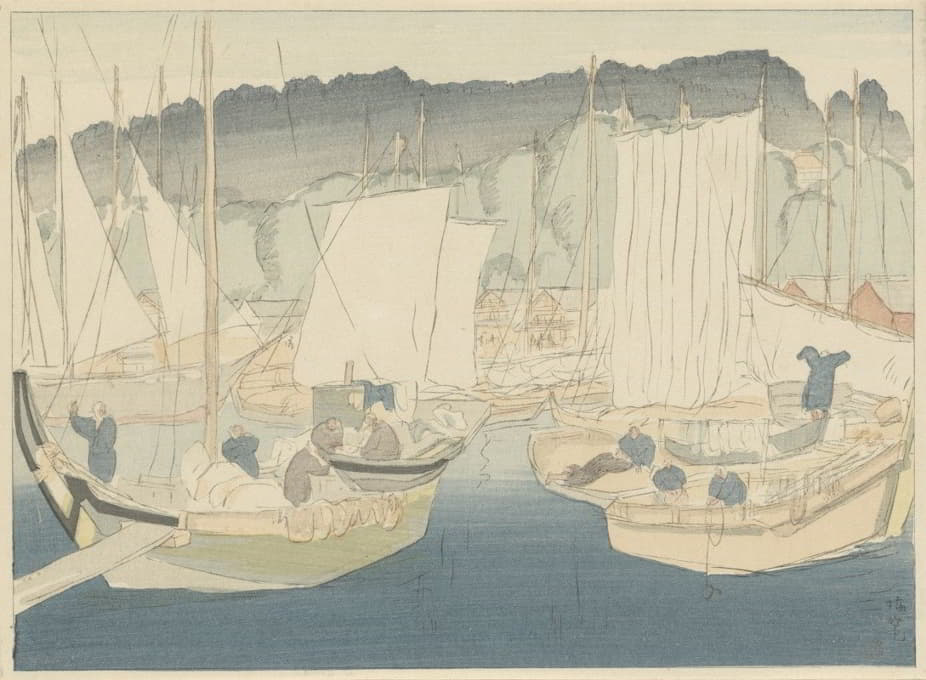 Hirafuku Hyakusui - Bootjes in de haven van Shiogama