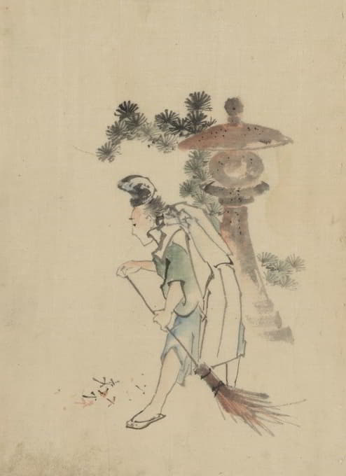 一名男子正在清扫石头神殿附近从树上掉落的松针