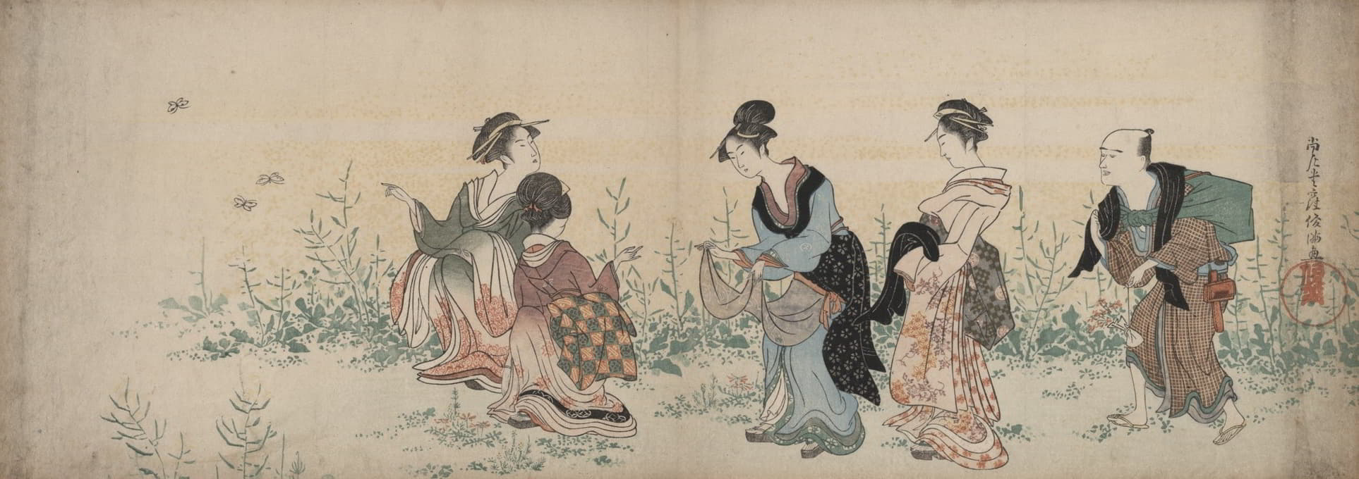 四个女孩和一个仆人在欣赏野花和蝴蝶
