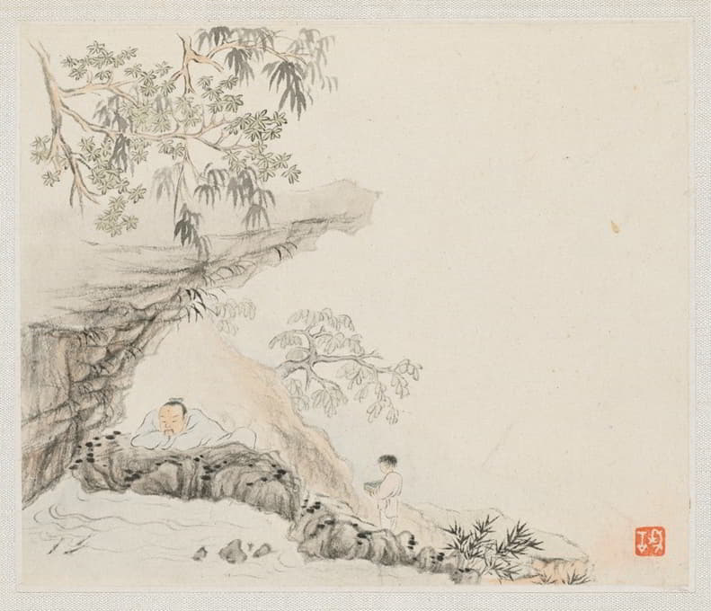 Hua Yan - A Man Lies under a Rocky Overhang; a Boy Stands to his Right