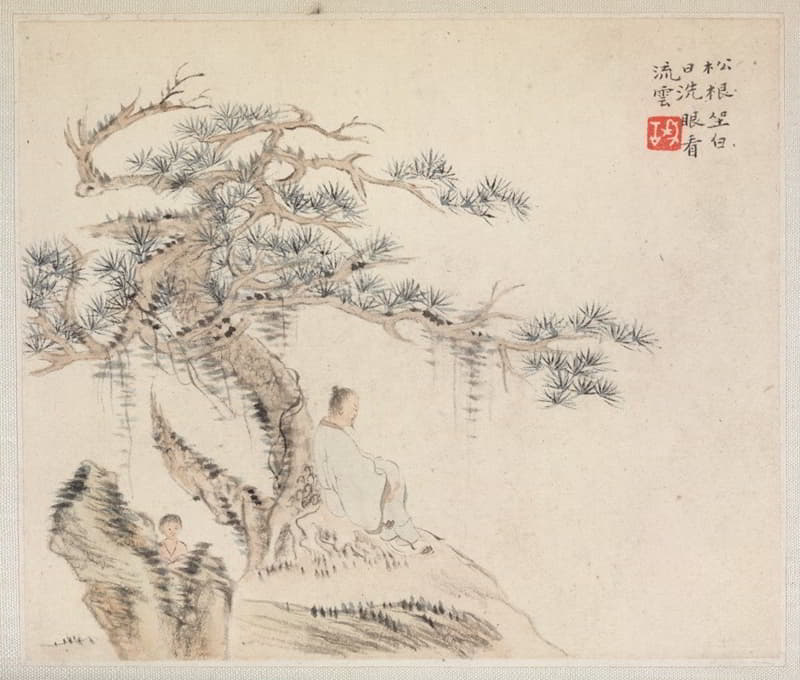 Hua Yan - An Old Man Sits under a Pine Tree, a Boy is behind a Stone