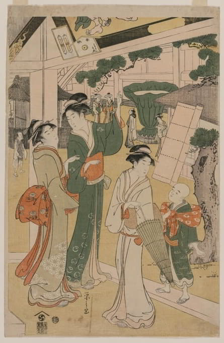 Chōbunsai Eishi - Women Visiting a Tea Stall on the Precincts of a Temple