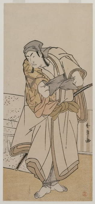 Katsukawa Shunjō - Ichikawa Monnosuke II Standing Beside a Stone Box