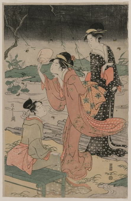 Chōbunsai Eishi - Women Beside a Stream Chasing Fireflies