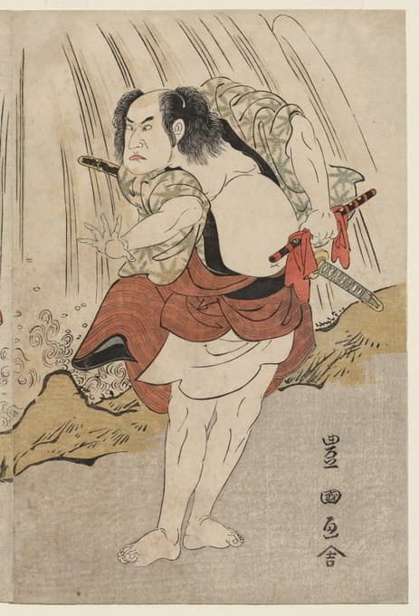Kataoka Nizaemon VII和Ichikawa Yaozo III在瀑布旁对峙