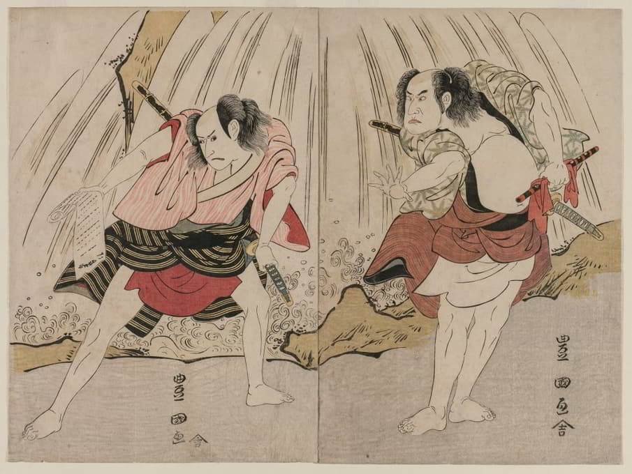Kataoka Nizaemon VII和Ichikawa Yaozo III在瀑布旁对峙