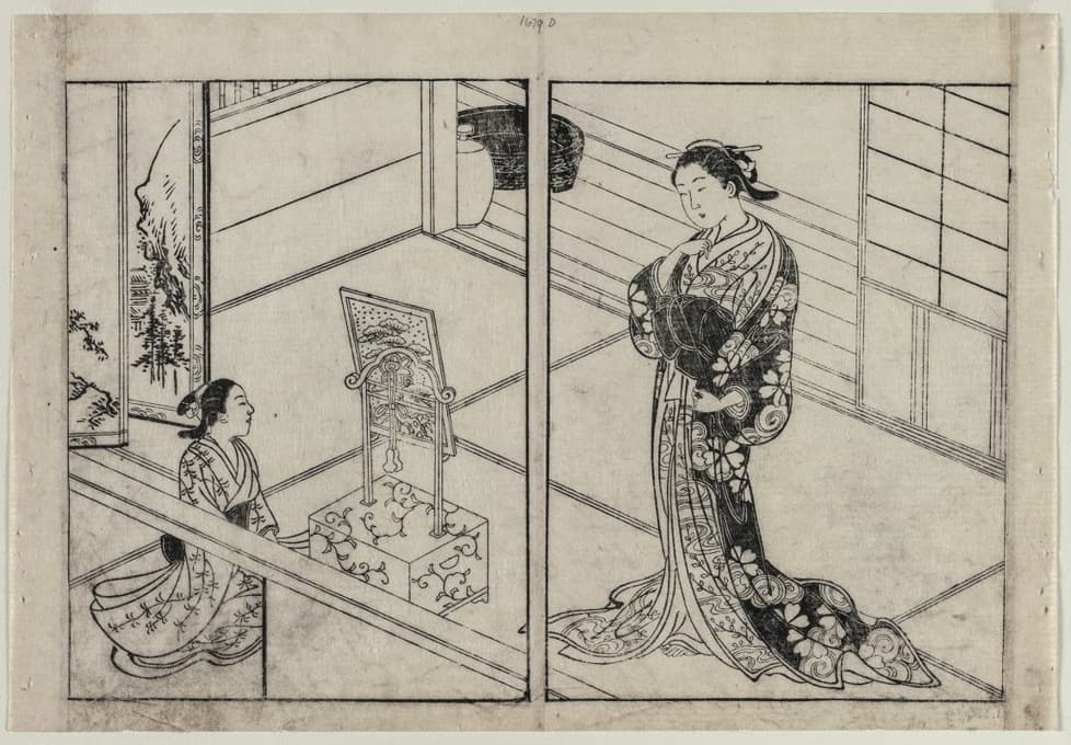 Nishikawa Sukenobu - Woman and Child Beside a Mirror Stand