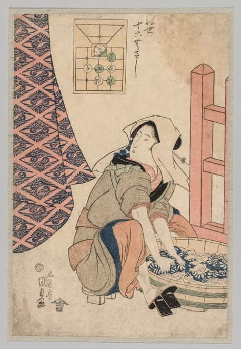 Utagawa Kunisada (Toyokuni III) - Seated Woman Washing Clothes in a Wooden Tub