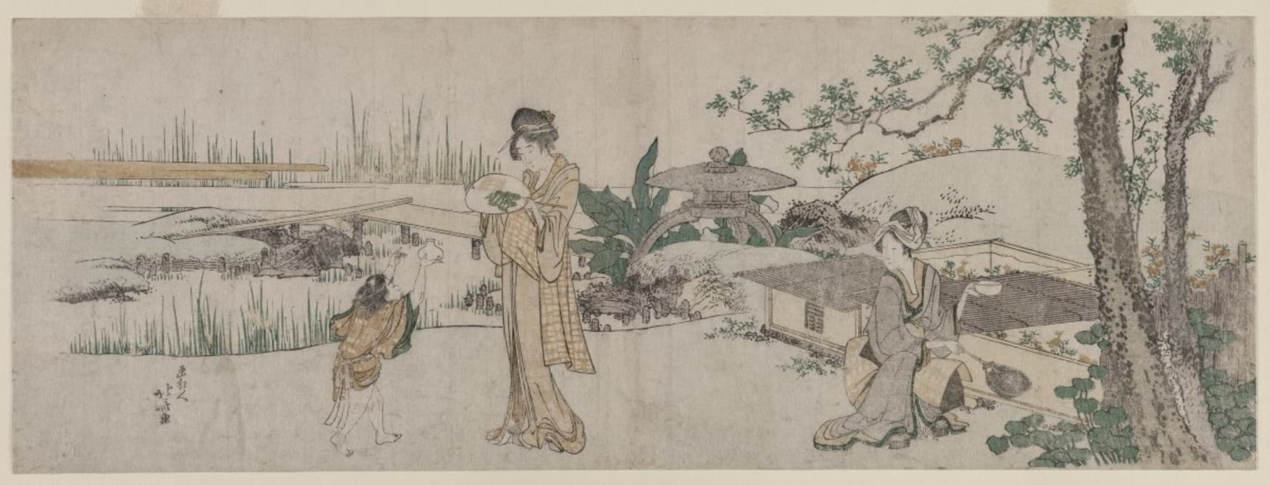Katsushika Hokusai - Two Women and a Child Beside a Goldfish Tank
