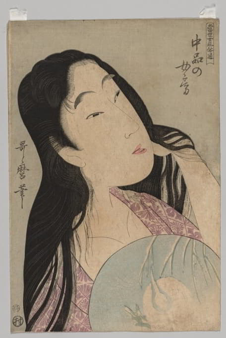 Kitagawa Utamaro - Bust of Woman with Loose Hair Holding Fan
