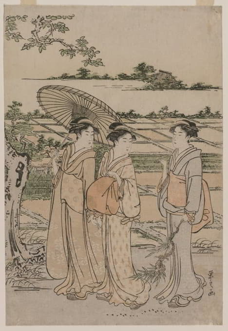 Chōbunsai Eishi - Three Women Strolling in the Countryside
