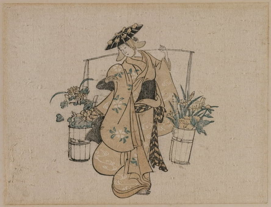 Torii Kiyomasu - A Beauty Carrying Two Buckets of Flowers