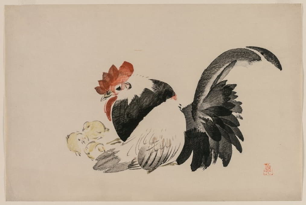 Shibata Zeshin - Rooster, Hen, and Chicks