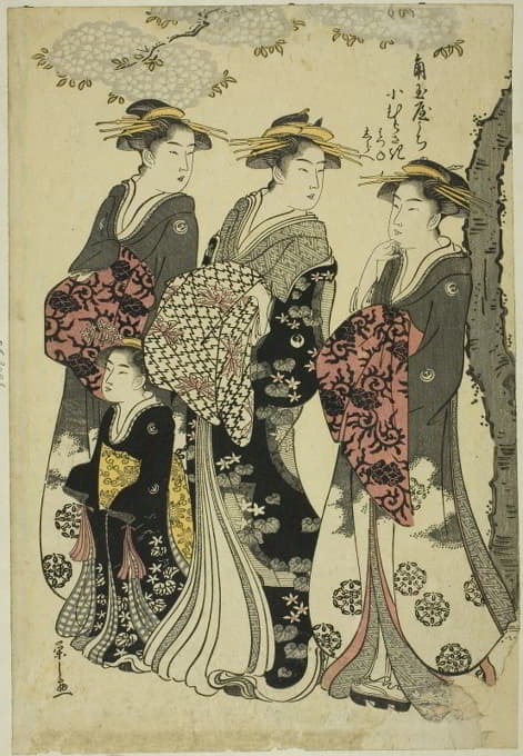 Chōbunsai Eishi - Komurasaki of the Kadotamaya with Attendants Hatsune and Shirabe