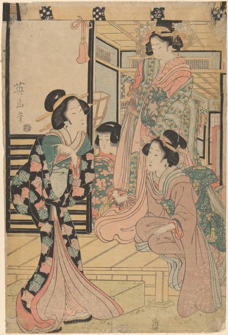 Eizan Kikukawa - Three Beauties and a Child (two standing, one seated)