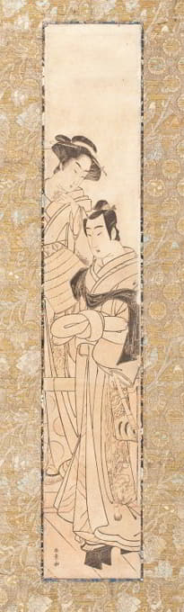 女人和穿着Komusō服装的男人（可能是Soga剧中的Kewaizaka no ShōShō和Soga no Jurō）