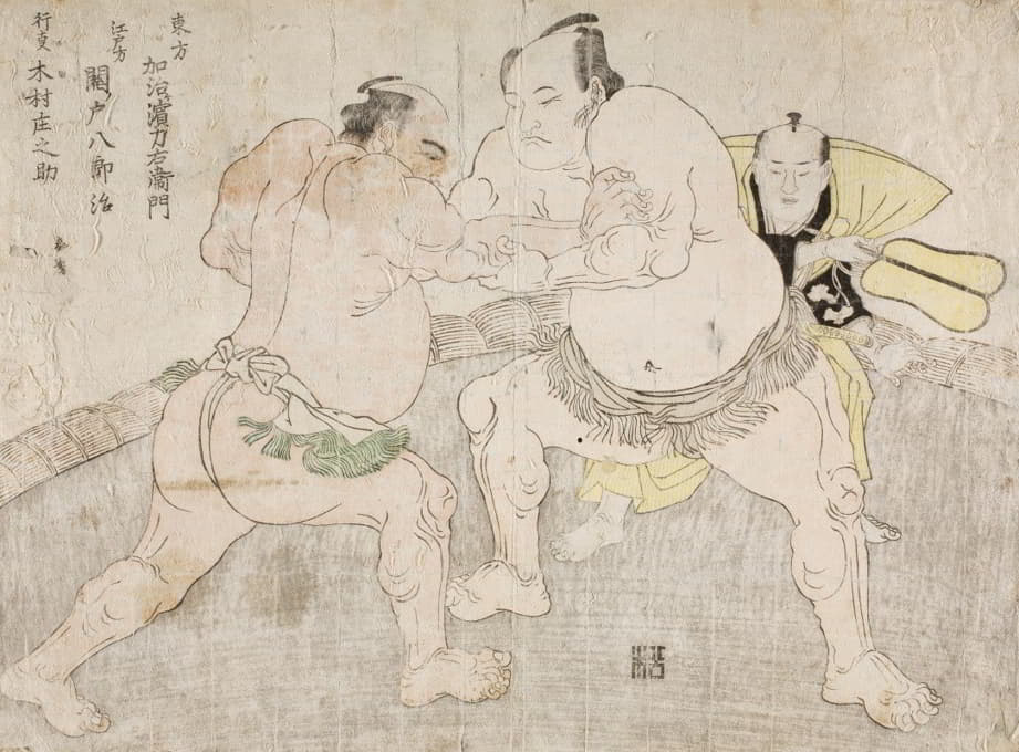 Katsukawa Shunshō - Wrestlers Kajigahama Rikiemon of the Eastern Group and Sekinoto Hachirōji of the Edo tea, with the Umpire Kimura Shōnosuke