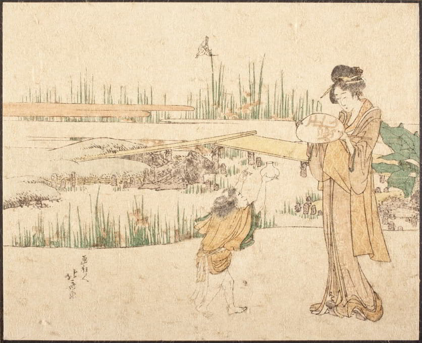 Katsushika Hokusai - Woman and Child in a Garden; fragment of Goldfish Vendor