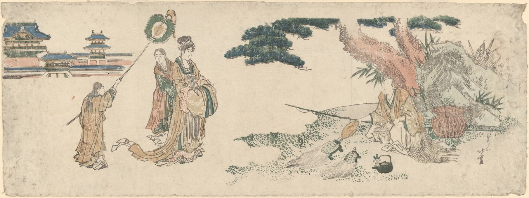 Katsushika Hokusai - Old Man Feeding the Turtles; Princes and Attendants Approaching