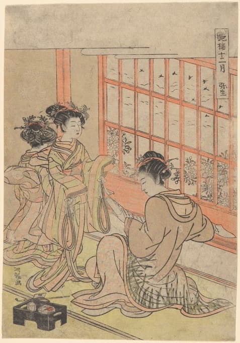 Koryûsai Isoda - Feburary (Yayoi), Geisha at Tea House Window