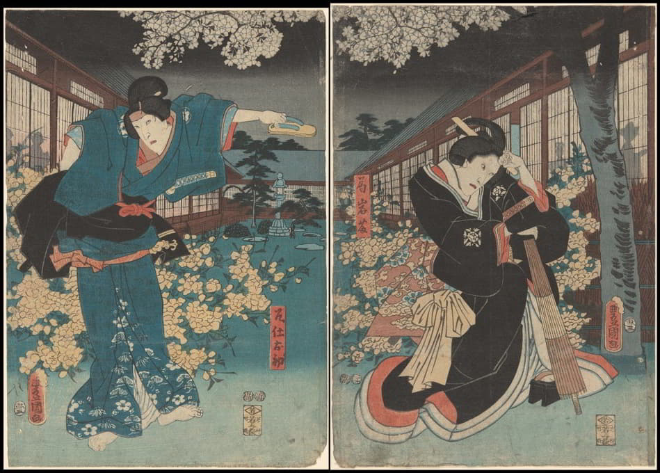 Utagawa Kunisada (Toyokuni III) - Actors in the Roles of Ohatsu and Iwafuji