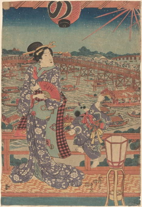 Utagawa Kunisada (Toyokuni III) - Woman and Child in Purple Kimono Overlooking Boats and Bridge